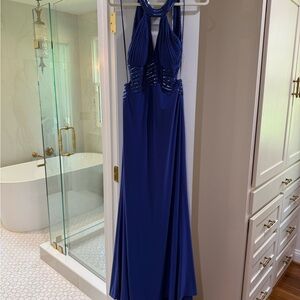 Sleek Morgan & Co. Royal Blue Purple Backless Cross Chest Beaded Evening Gown